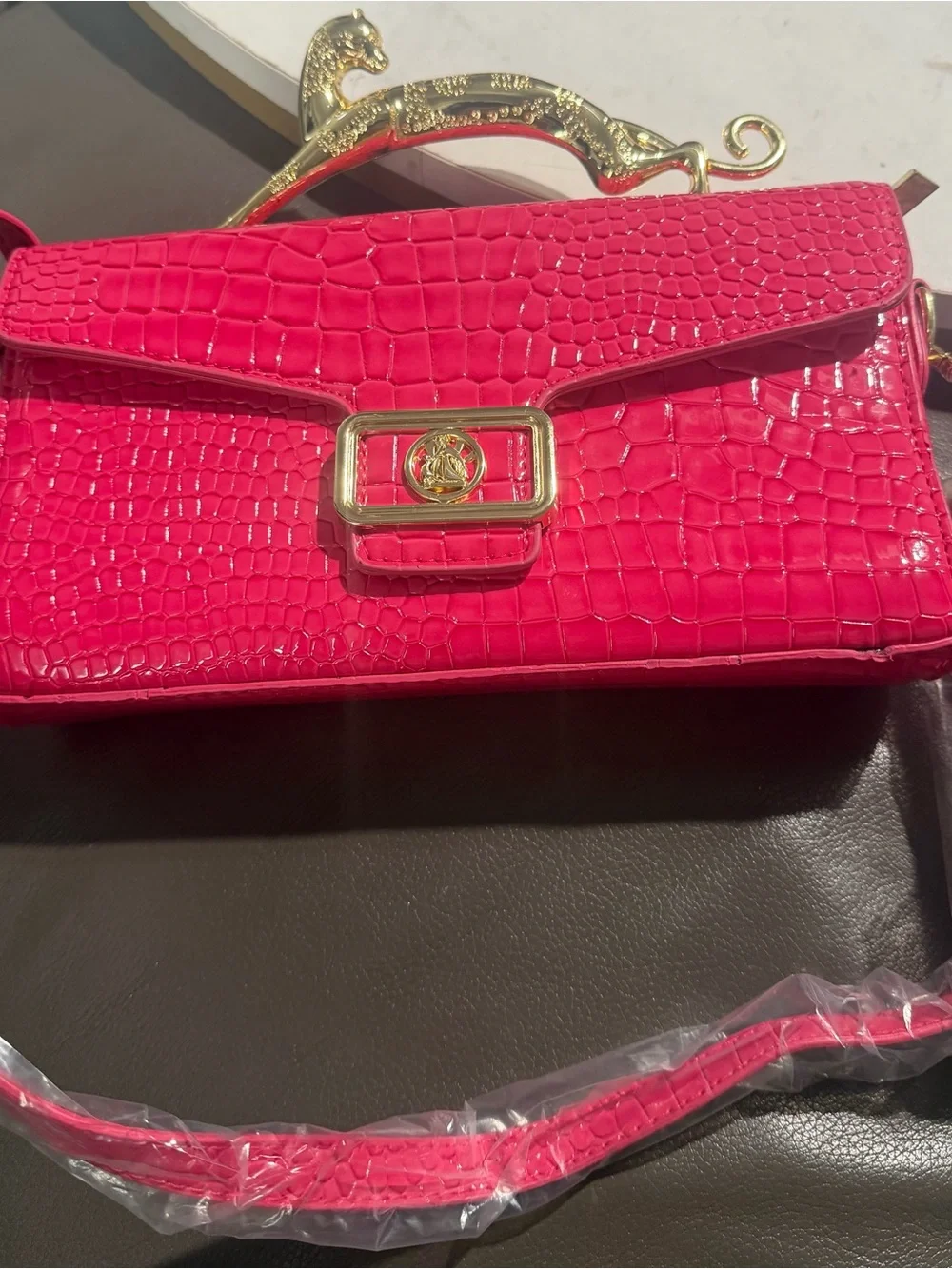 Faux Croc Embossed Crossbody Bag - Hot Pink